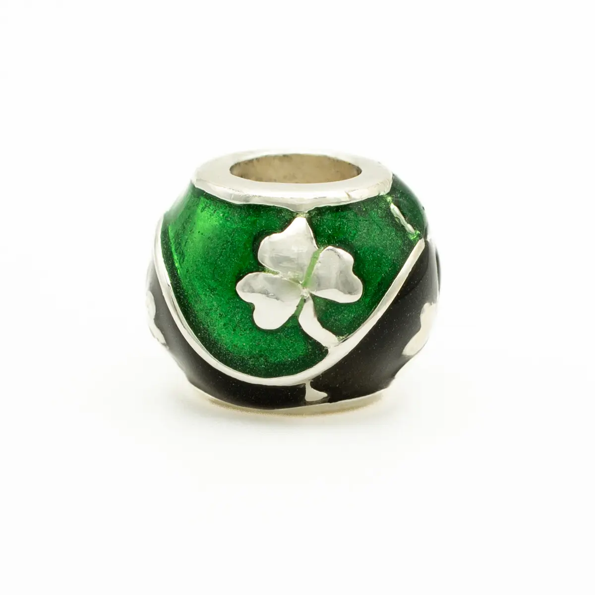 Silver Shamrock Bead Inlaid with Green & Black Enamel