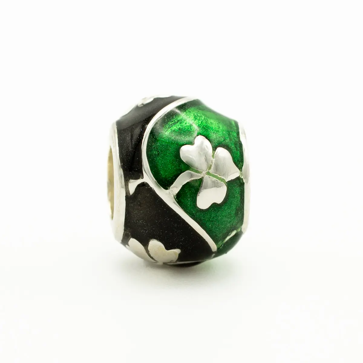 Silver Shamrock Bead Inlaid with Green & Black Enamel Photo 2 