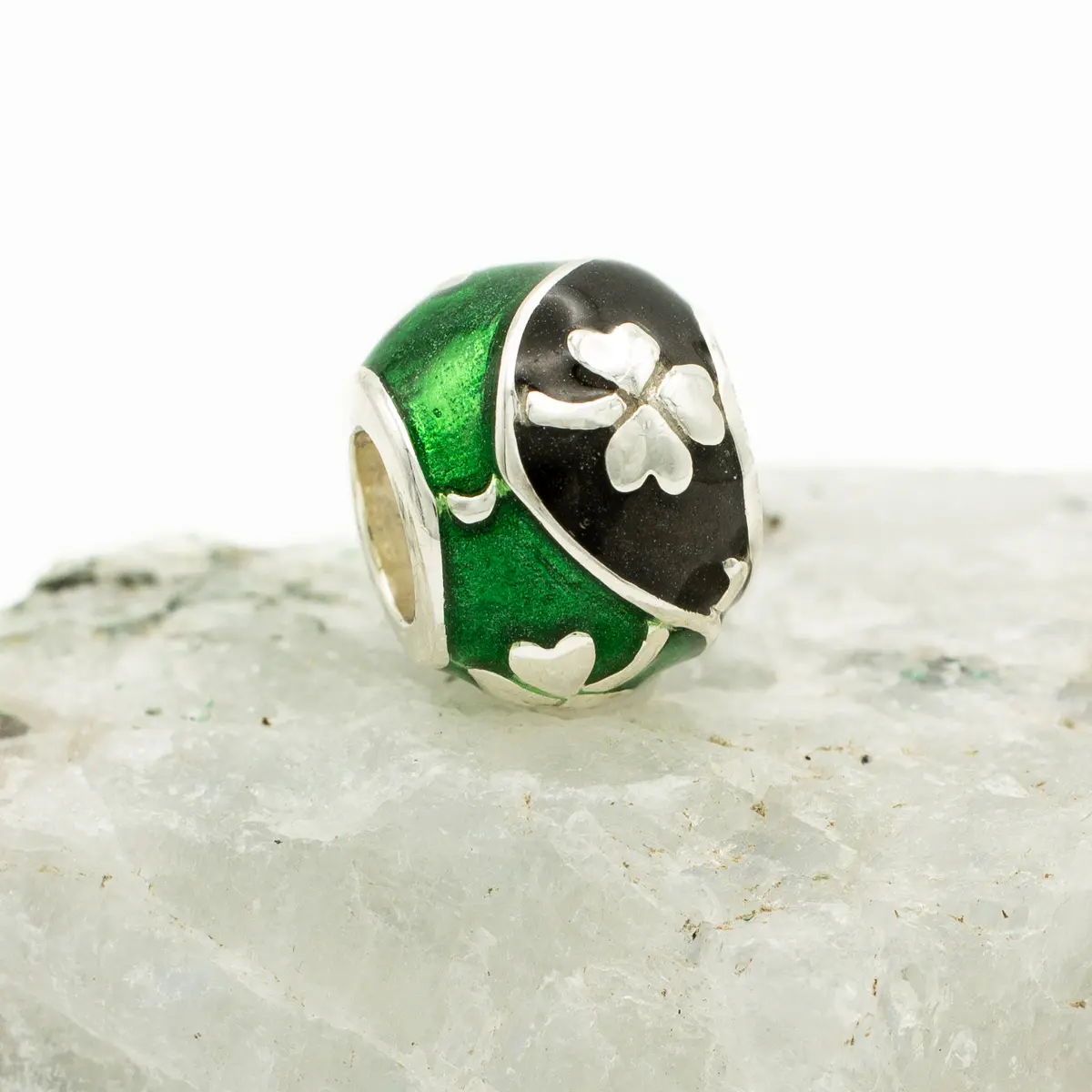 Silver Shamrock Bead Inlaid with Green & Black Enamel Photo 3 