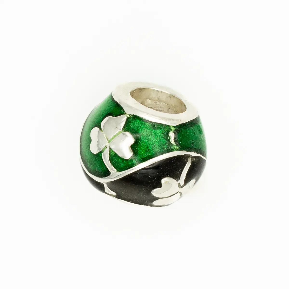 Silver Shamrock Bead Inlaid with Green & Black Enamel Photo 4 