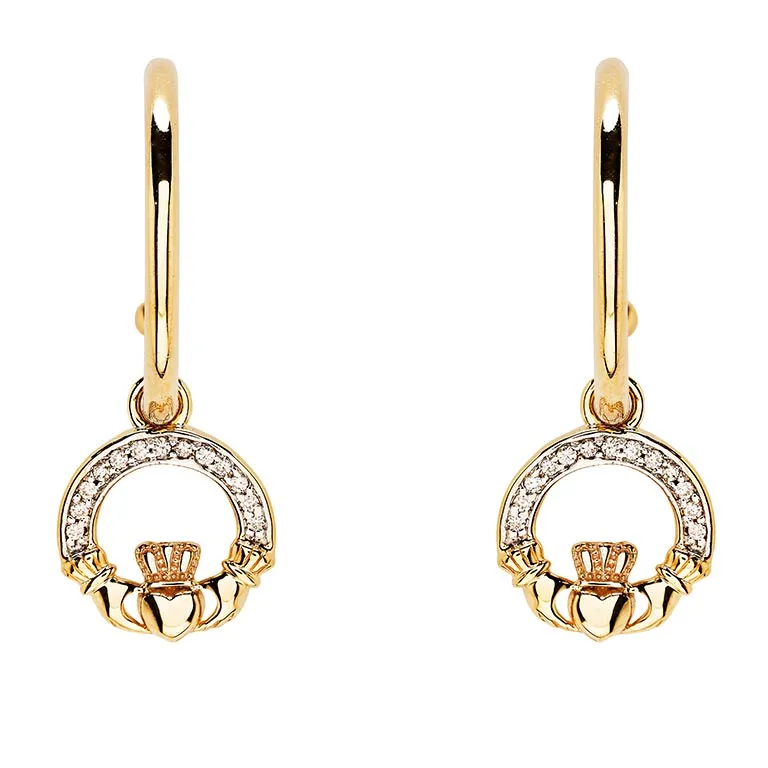 14k Gold Diamond Claddagh Drop Earrings