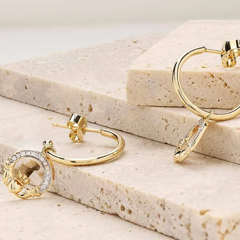 14k Gold Diamond Claddagh Drop Earrings Photo 3 