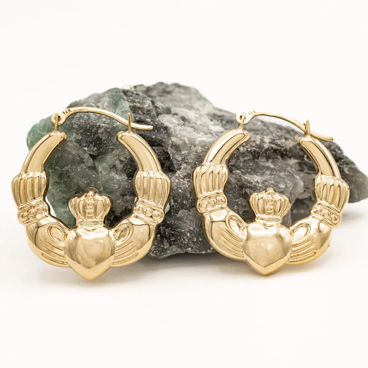 14k Gold Irish Claddagh Creole Hoop Earrings
