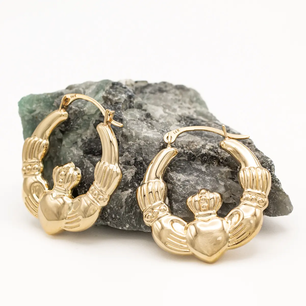 14k Gold Irish Claddagh Creole Hoop Earrings Photo 3 