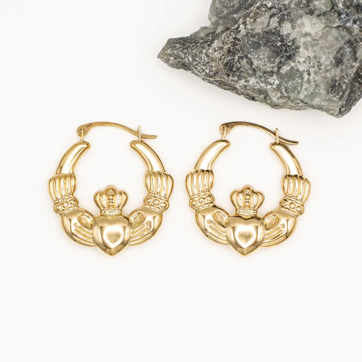 14k Gold Irish Claddagh Creole Hoop Earrings Photo 4 