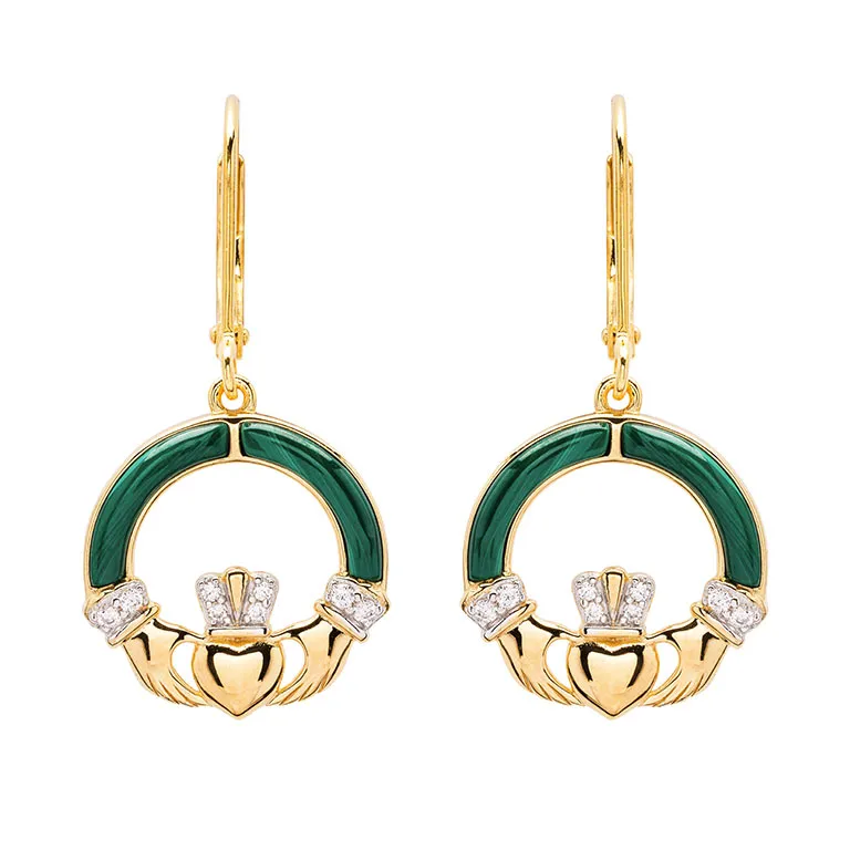Gold Vermeil Malachite Claddagh Drop Earrings