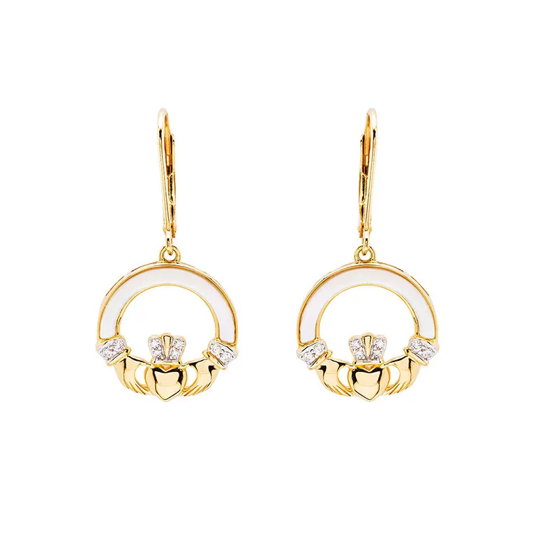 Gold Vermeil Mother of Pearl Claddagh Drop Earrings