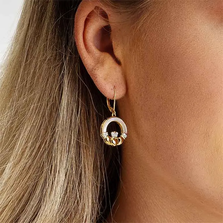 Gold Vermeil Mother of Pearl Claddagh Drop Earrings Photo 3 