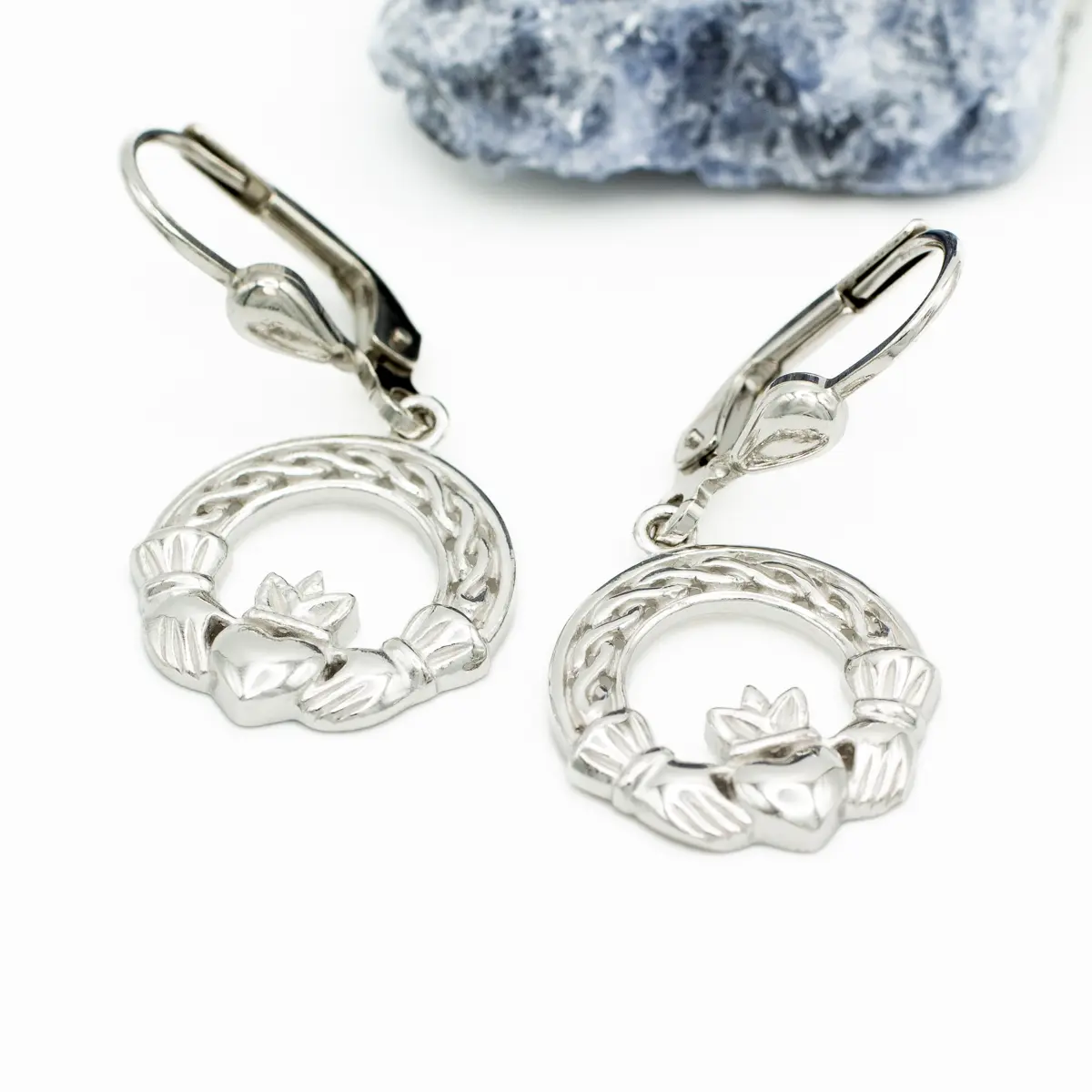Silver Claddagh Drop Earrings With Celtic Knotwork Photo 4 
