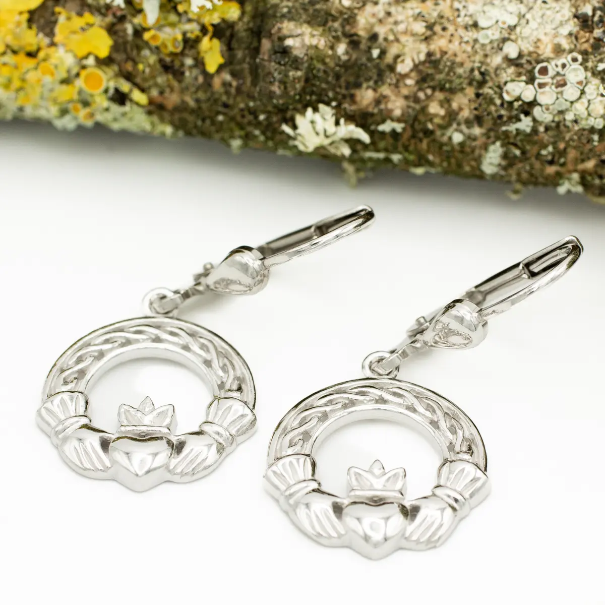 Silver Claddagh Drop Earrings With Celtic Knotwork Photo 2 