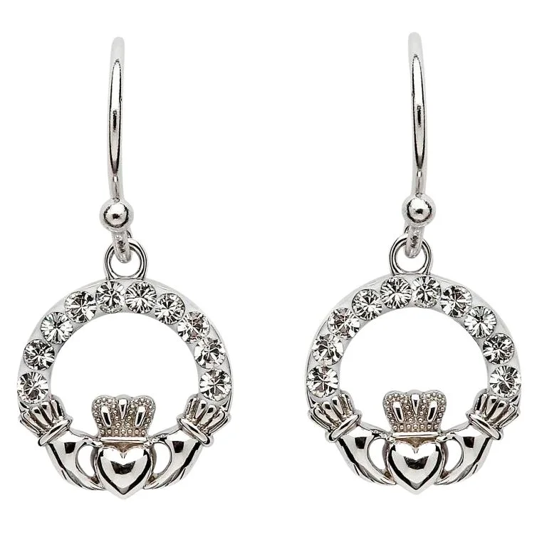 Silver Claddagh Drop Earrings with Crystals