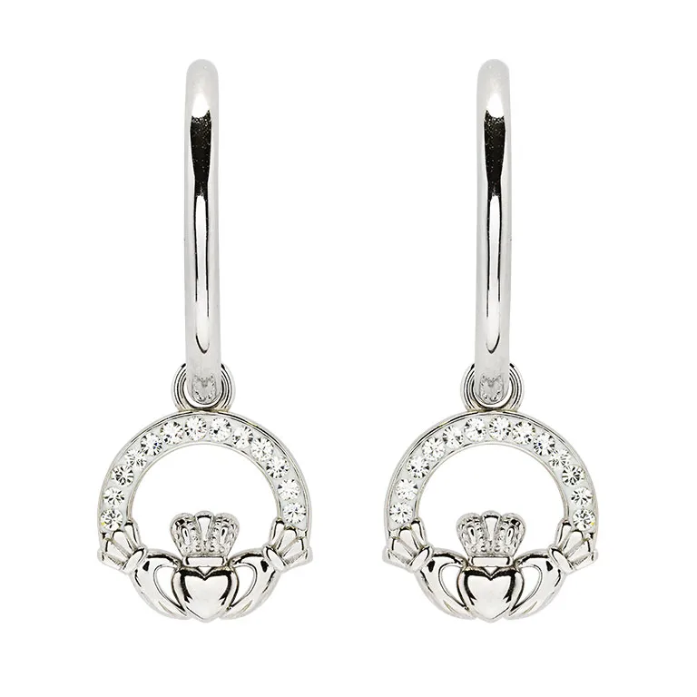 Silver Claddagh Hoop Earrings with Crystals