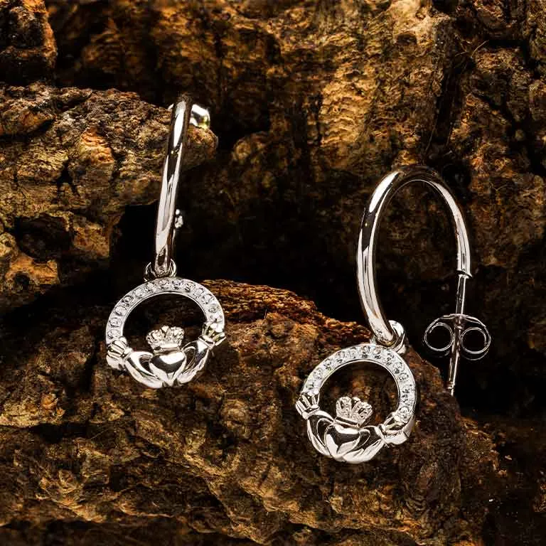 Silver Claddagh Hoop Earrings with Crystals Photo 3 