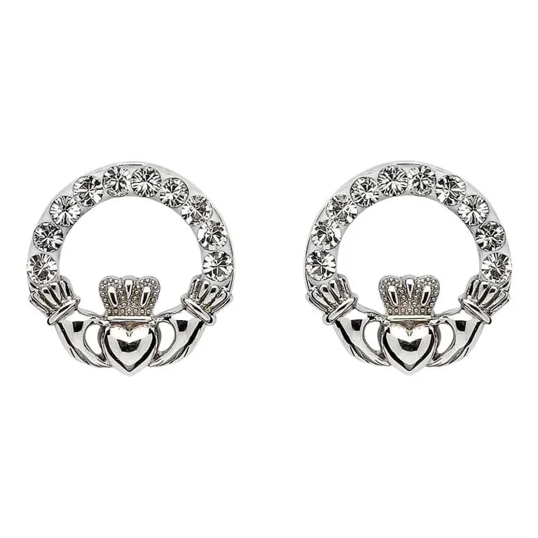 Silver Claddagh Stud Earrings Set with Crystals