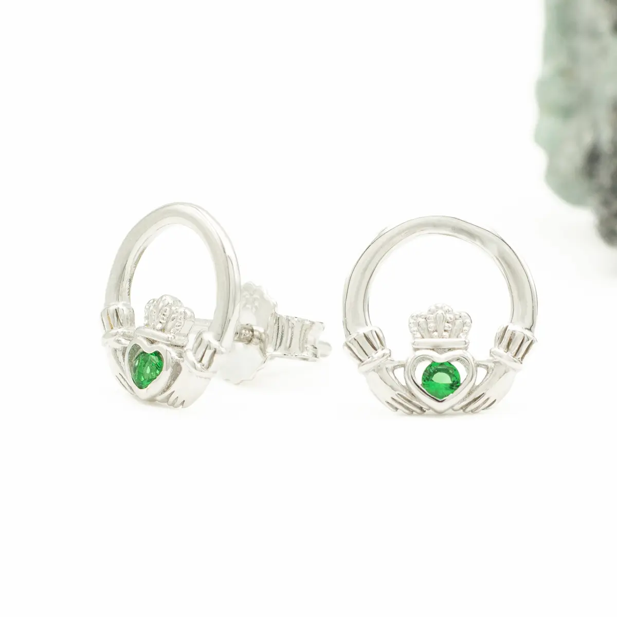 Sterling Silver Claddagh Stud Earrings With Green Crystal Centerpiece