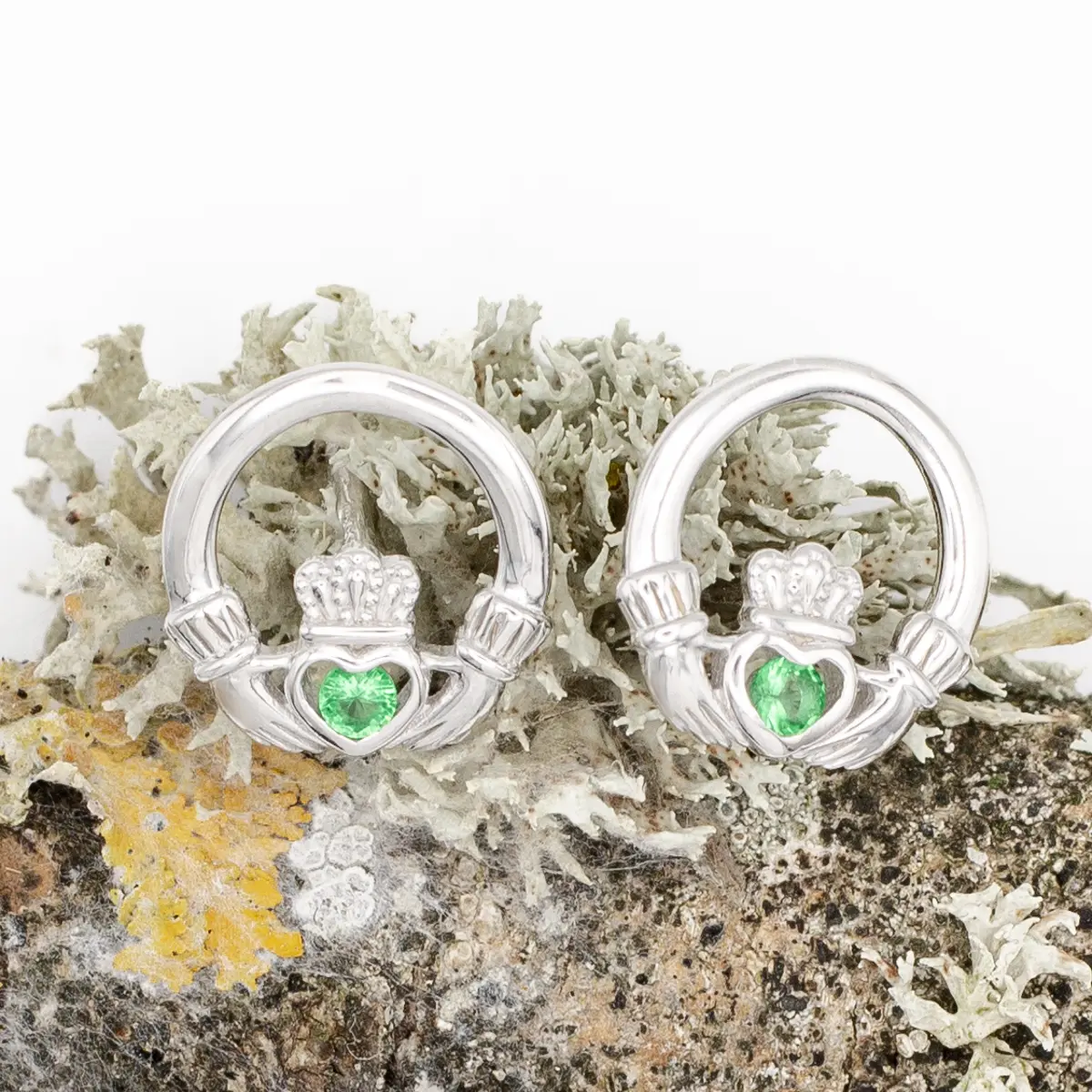 Sterling Silver Claddagh Stud Earrings With Green Crystal Centerpiece Photo 4 