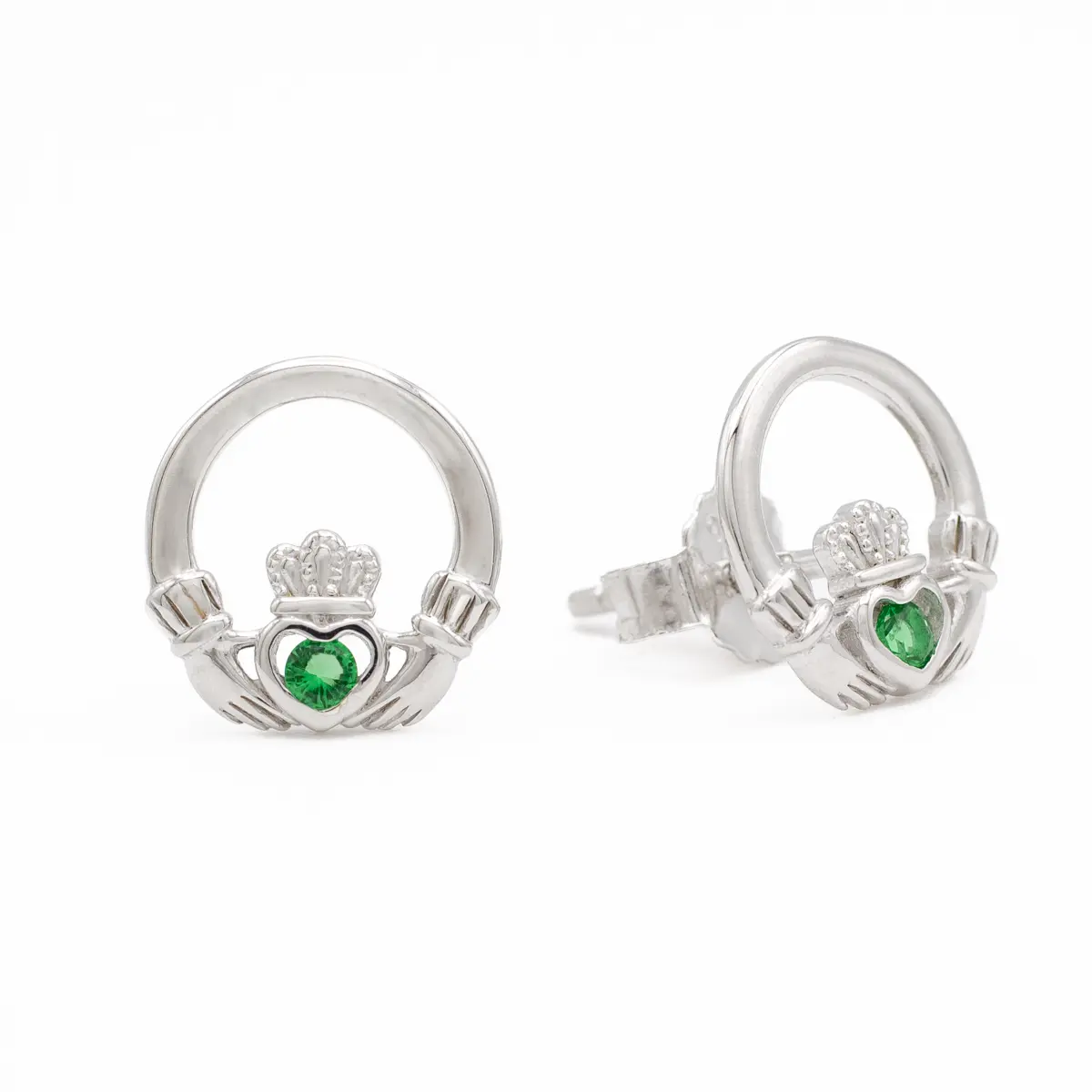 Sterling Silver Claddagh Stud Earrings With Green Crystal Centerpiece Photo 5 