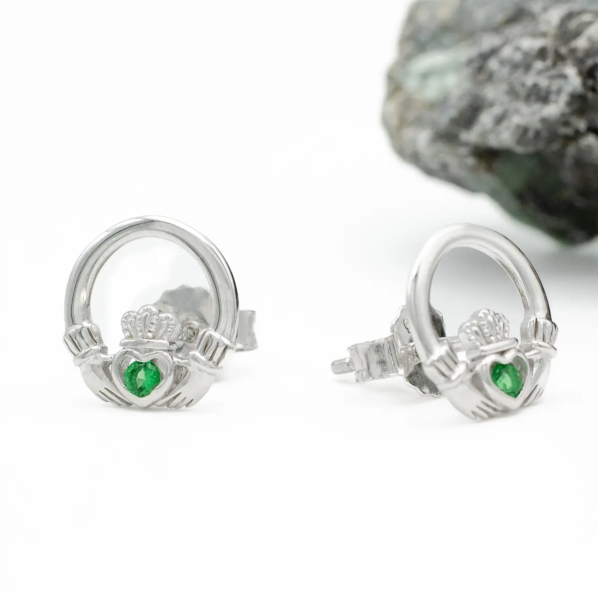 Sterling Silver Claddagh Stud Earrings With Green Crystal Centerpiece Photo 3 