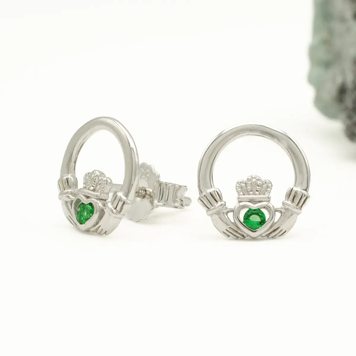 Sterling Silver Claddagh Stud Earrings With Green Crystal Centerpiece