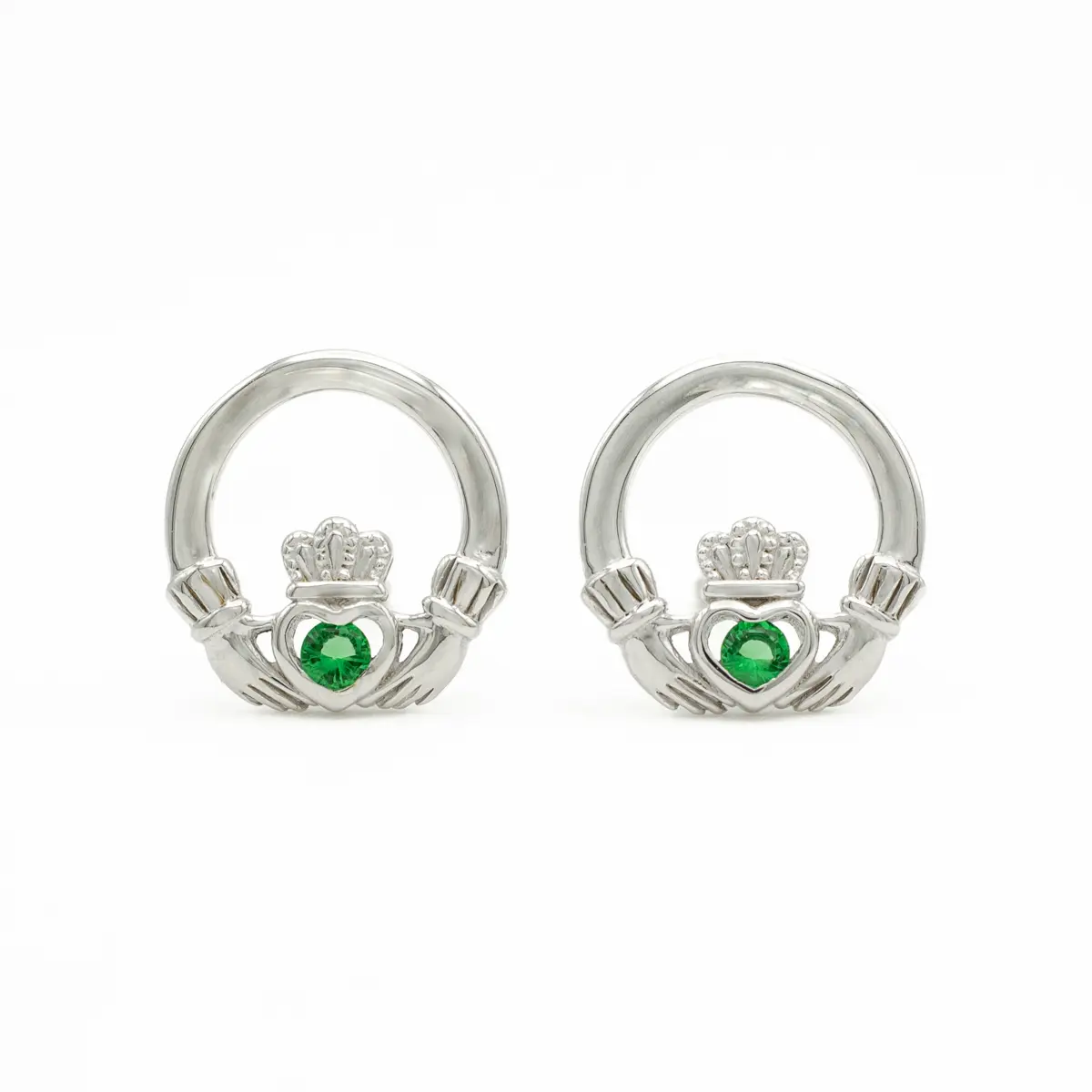 Sterling Silver Claddagh Stud Earrings With Green Crystal Centerpiece Photo 2 