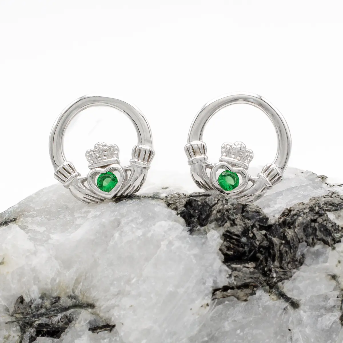 Sterling Silver Claddagh Stud Earrings With Green Crystal Centerpiece Photo 6 