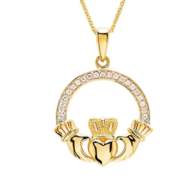 14K Gold Diamond Large Claddagh Necklace