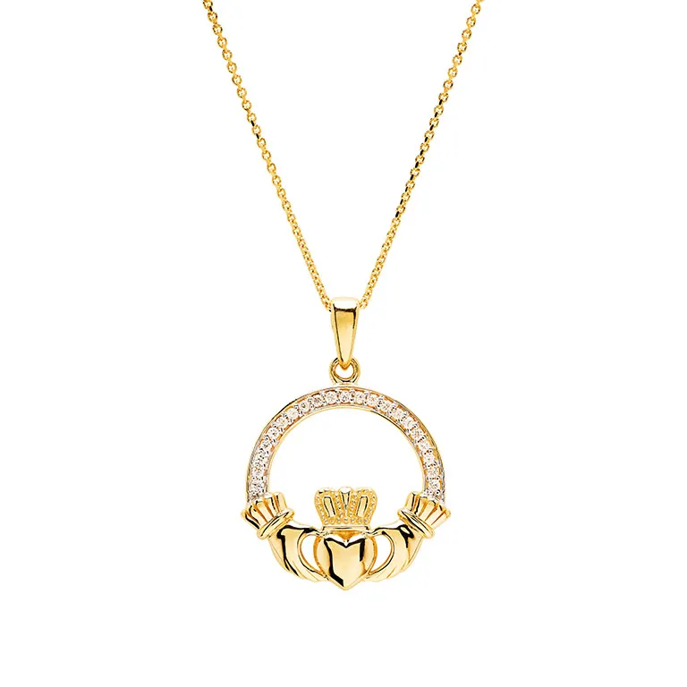 14K Gold Diamond Large Claddagh Necklace Photo 3 