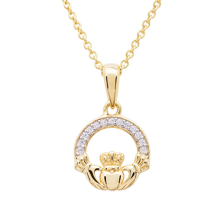 14k Gold Vermeil Claddagh Necklace with Cubic Zirconia