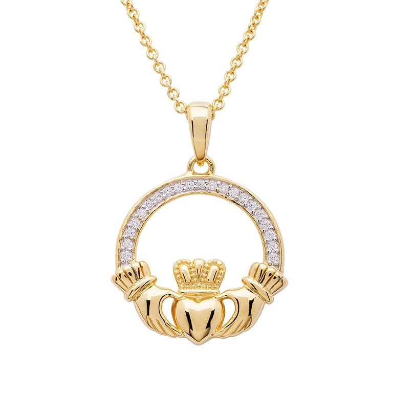 14k Gold Vermeil Large Claddagh Necklace with Cubic Zirconia