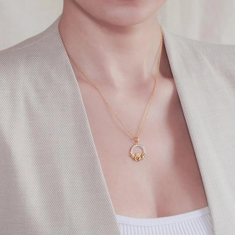 14k Gold Vermeil Large Claddagh Necklace with Cubic Zirconia Photo 7 