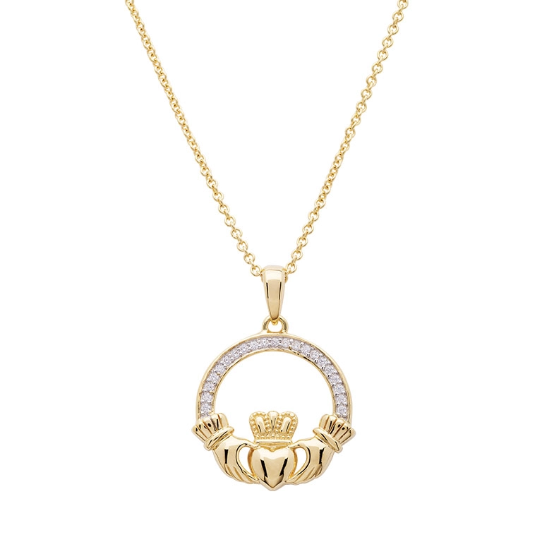 14k Gold Vermeil Large Claddagh Necklace with Cubic Zirconia Photo 3 