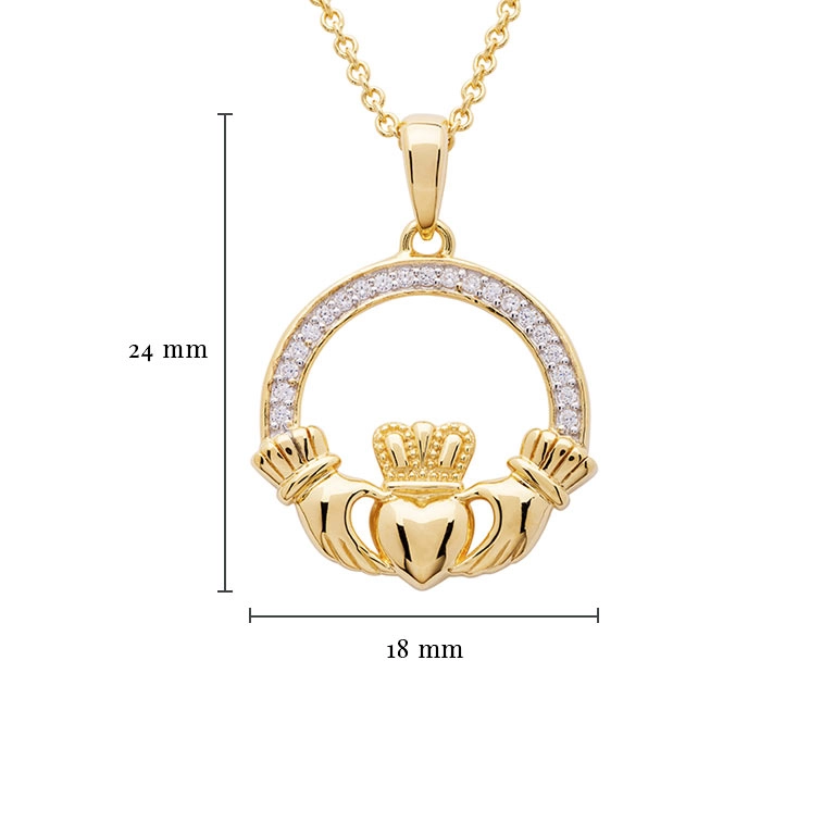 14k Gold Vermeil Large Claddagh Necklace with Cubic Zirconia Photo 2 