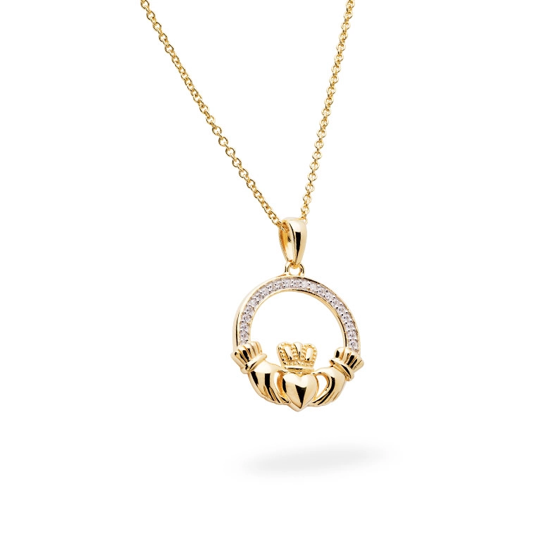 14k Gold Vermeil Large Claddagh Necklace with Cubic Zirconia Photo 5 