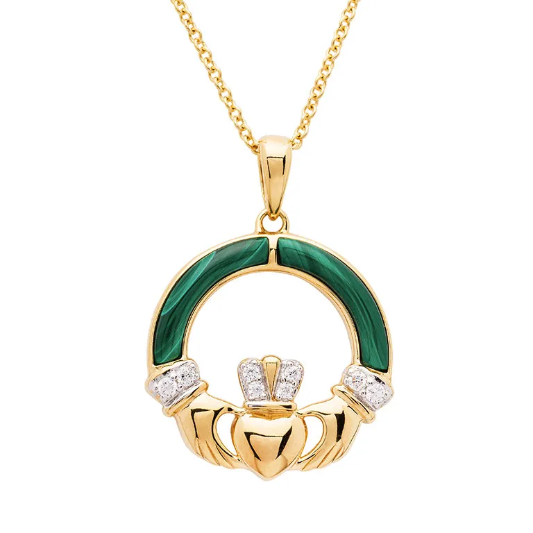 14k Gold Vermeil Malachite Claddagh Necklace