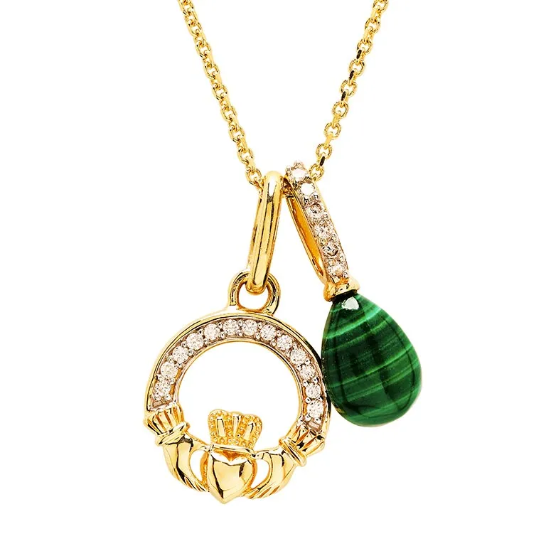 Gold Claddagh Necklace with Diamonds and Malachite...