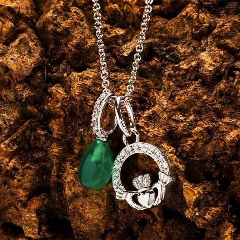 Silver Claddagh Necklace with Green Agate and Crystals Photo 4 