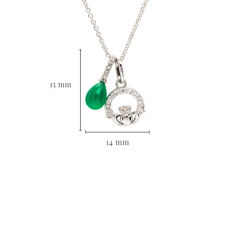 Silver Claddagh Necklace with Green Agate and Crystals Photo 2 