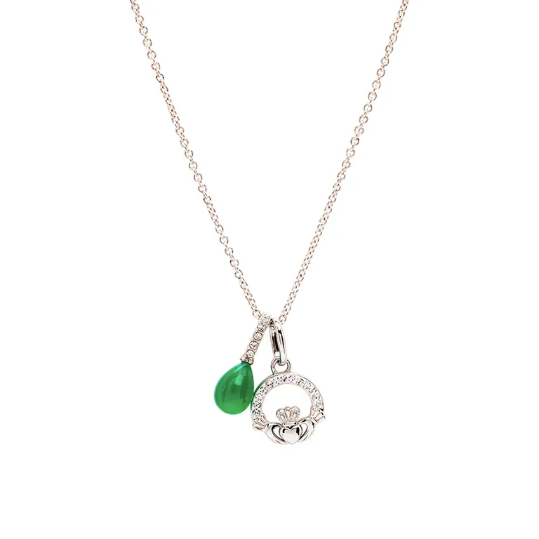 Silver Claddagh Necklace with Green Agate and Crystals Photo 3 