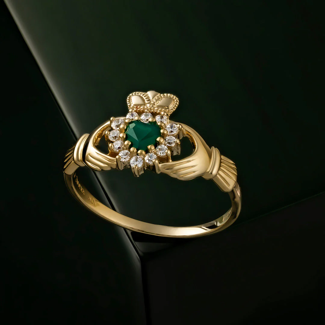 10k Gold Claddagh Ring With Green Agate Heart Photo 3 