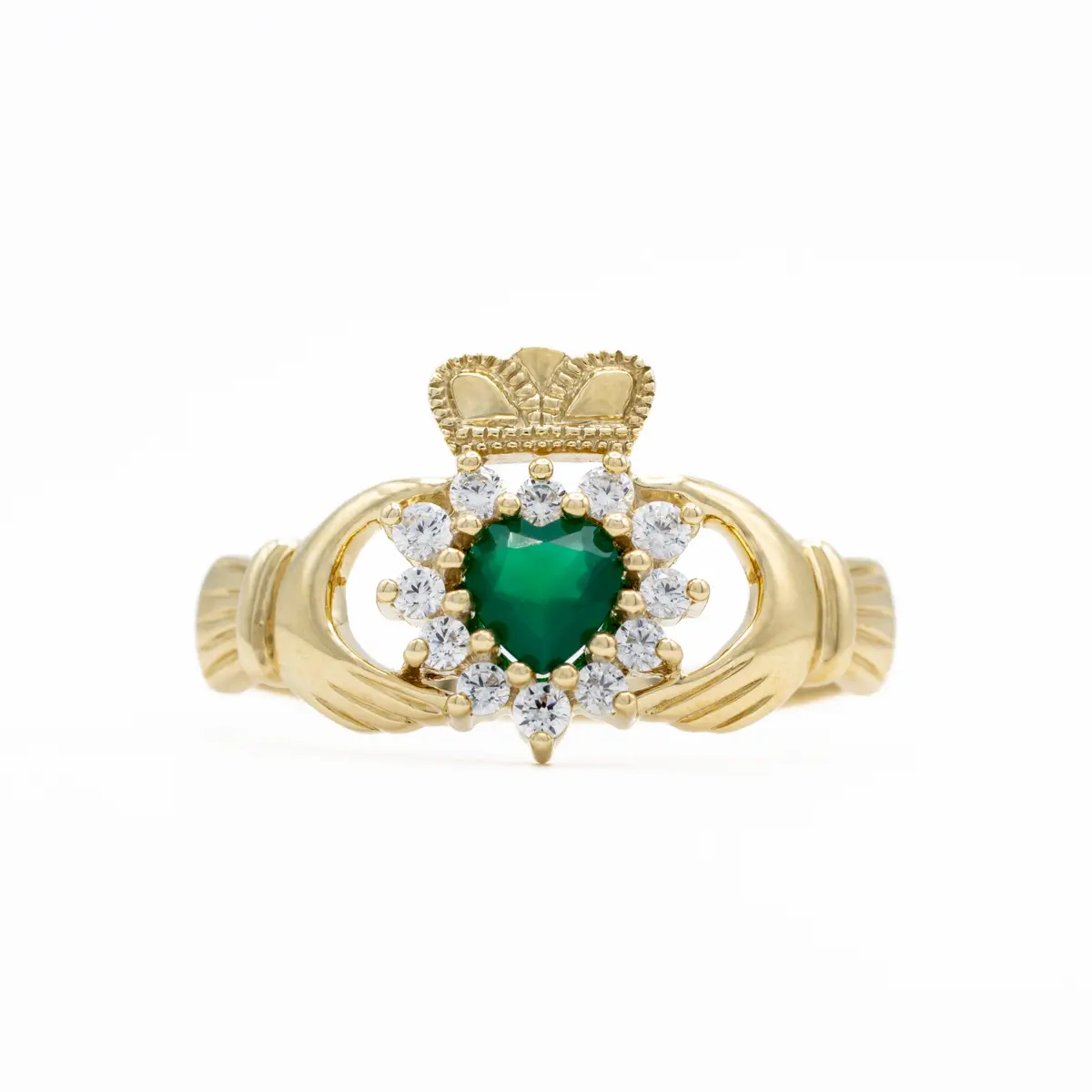 9k Gold Claddagh Ring With Green Agate Heart...