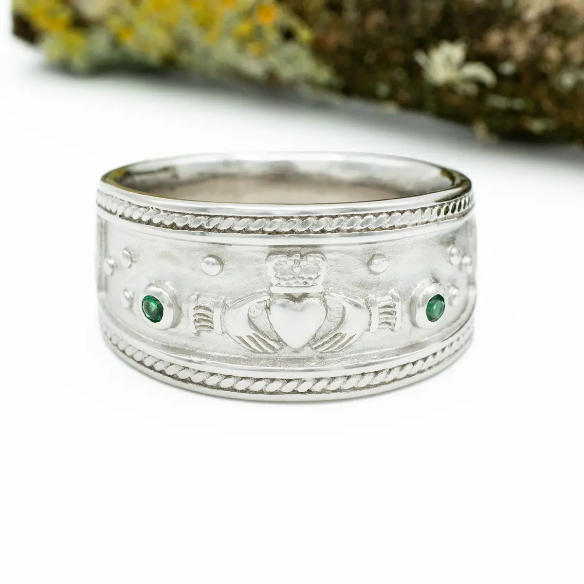Mens Claddagh Band with Green Cubic Zirconia Stones Photo 2 