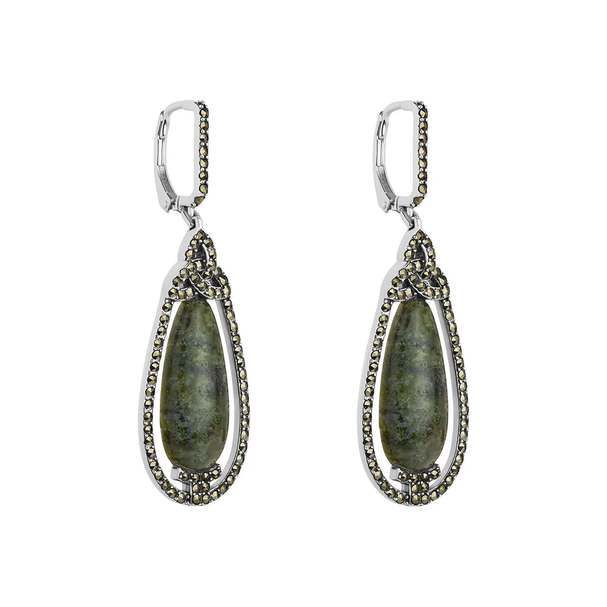 Connemara Marble & Marcasite Silver Trinity Knot Drop Earrings