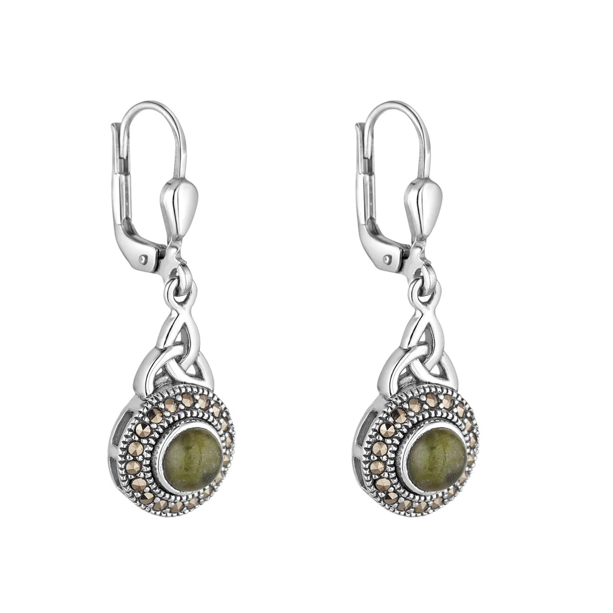 Silver Connemara Marble & Marcasite Trinity Knot Earrings...