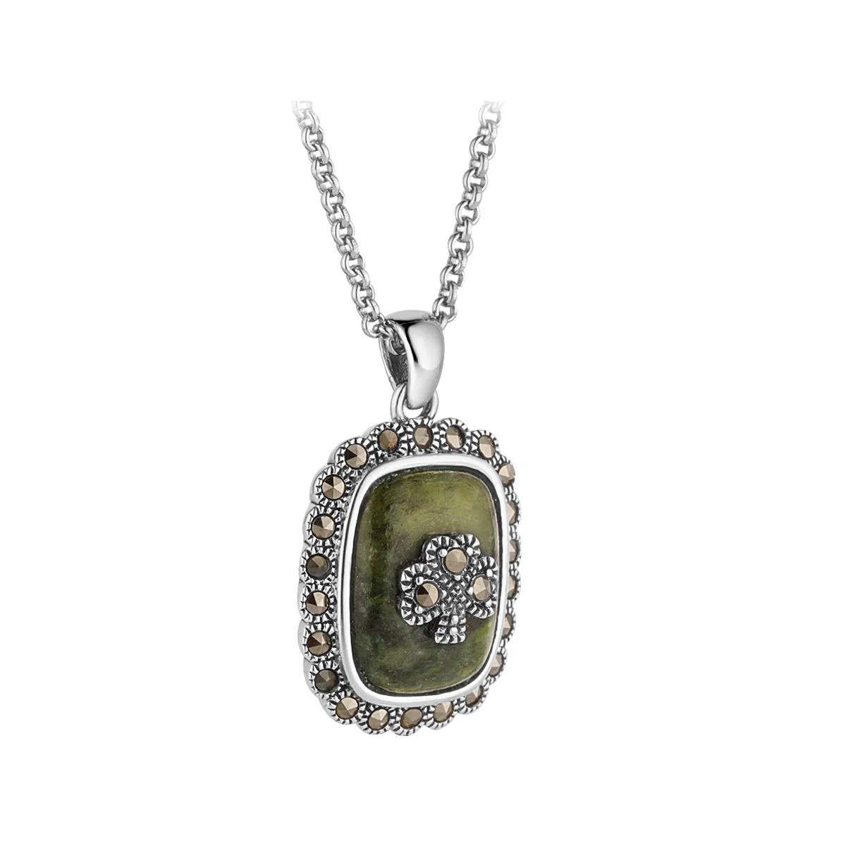Silver Connemara Marble & Marcasite Shamrock Necklace