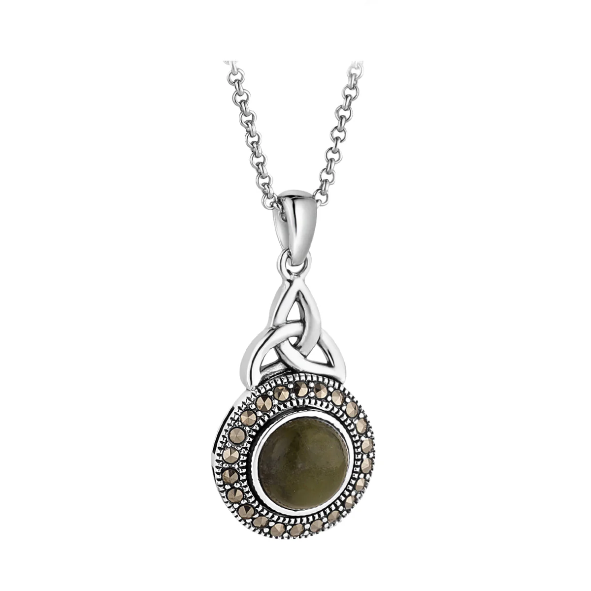 Silver Connemara Marble & Marcasite Trinity Knot Necklace