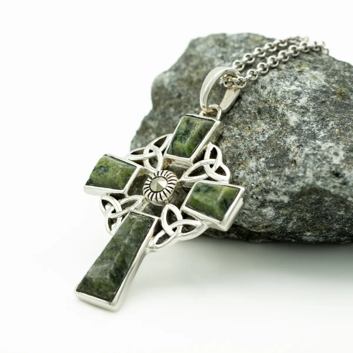 Silver Connemara Marble Celtic Cross Pendant...