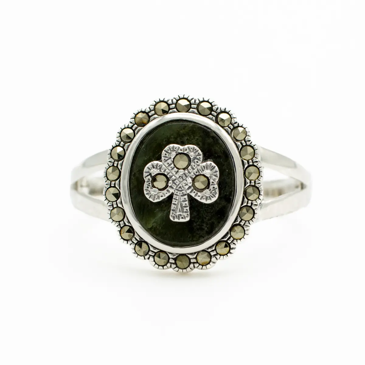 Connemara Marble & Marcasite Shamrock Ring in Sterling Silver