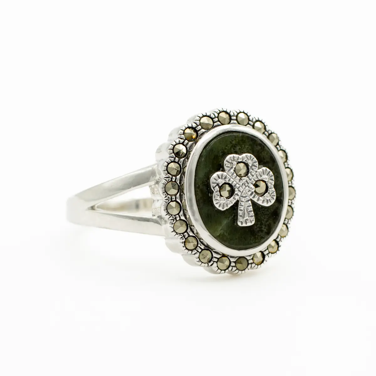 Connemara Marble & Marcasite Shamrock Ring in Sterling Silver Photo 2 