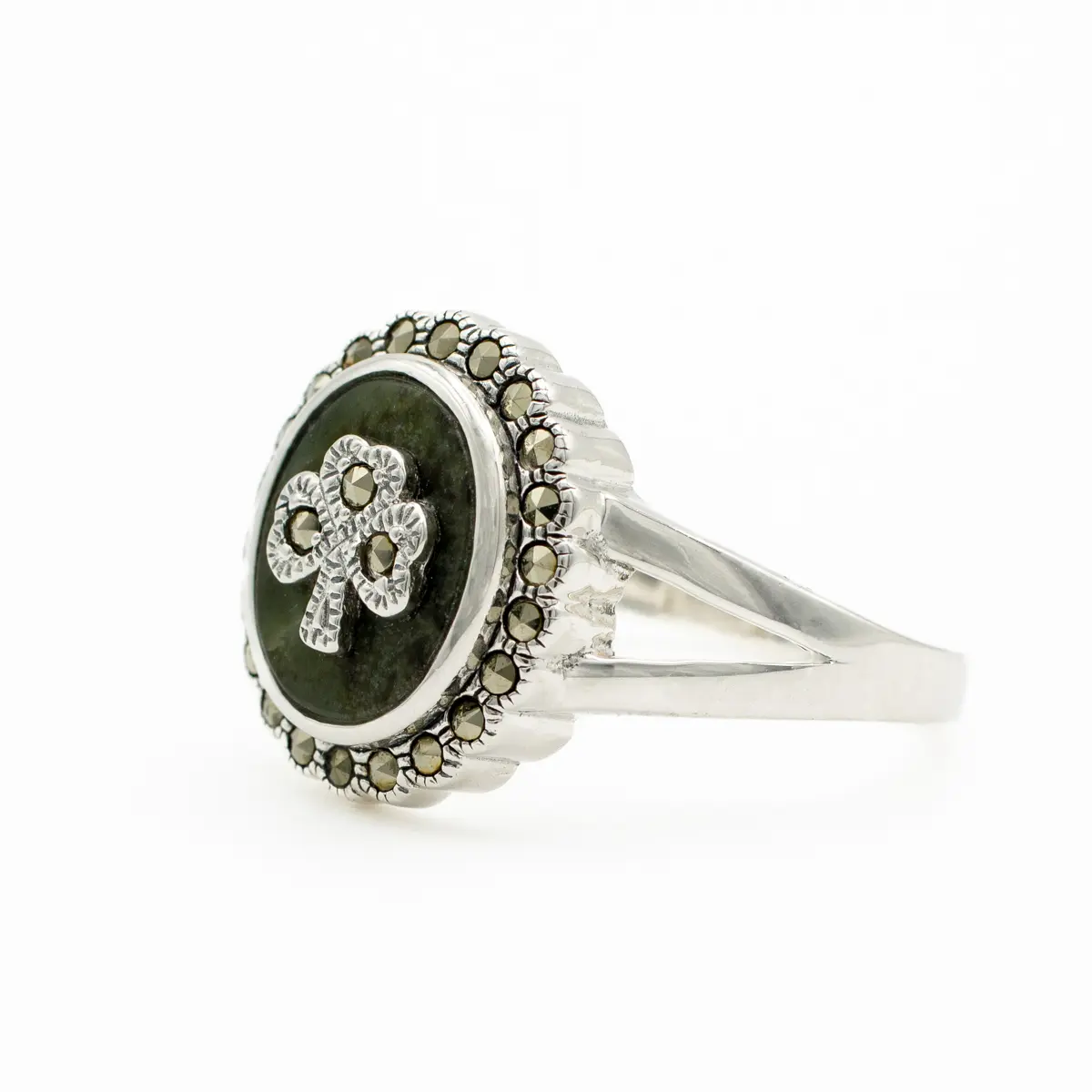 Connemara Marble & Marcasite Shamrock Ring in Sterling Silver Photo 3 