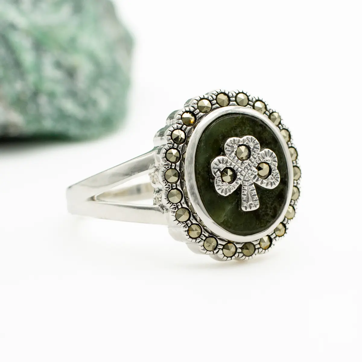 Connemara Marble & Marcasite Shamrock Ring in Sterling Silver Photo 5 